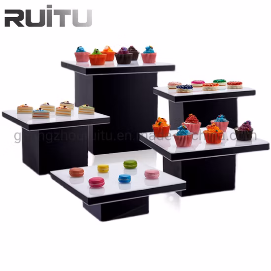 Hotel-Buffet-Präsentationsständer mit 3 Ebenen, dekoratives Display für süße Cupcakes, quadratisch, für Party, Hochzeit, Acrylrohr, weiße Teller, Buffet-Erhöhung aus Edelstahl, Tortenständer